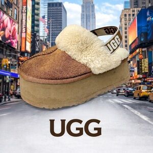 UGG Funkette Platform Suede Shearling Slippers Shoes Chestnut US 6.5 EU 37 EUC